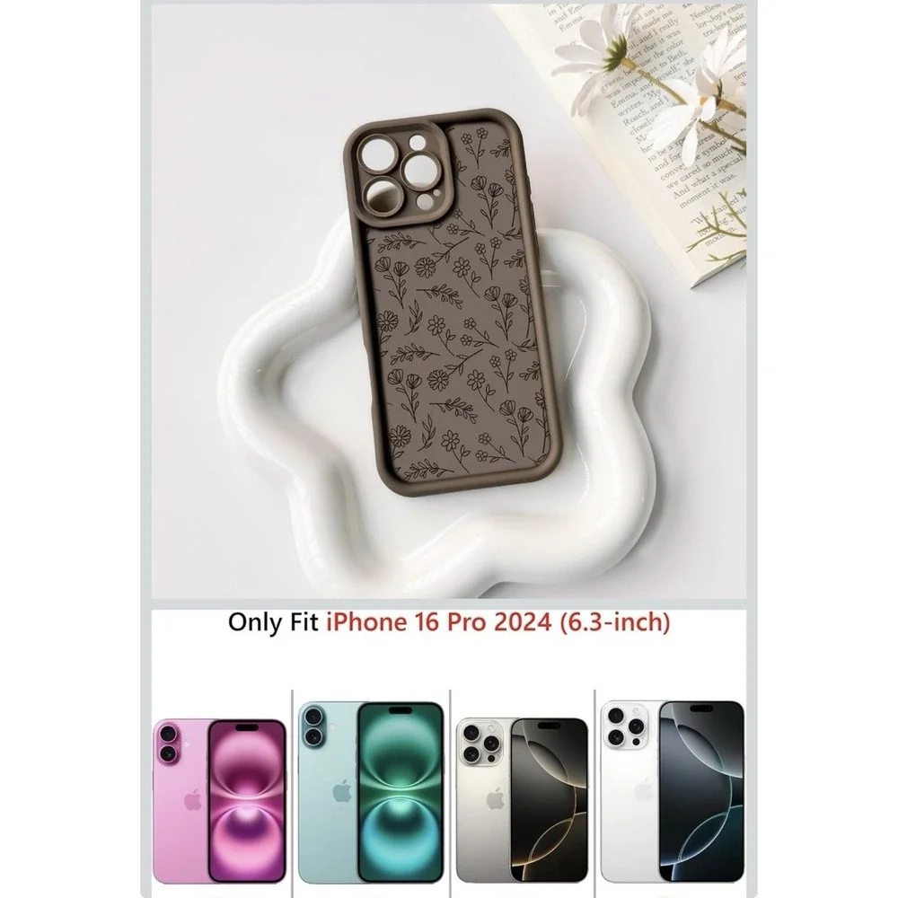 D0043-iPhone 16 Pro Case Coffee Brown Floral Shockproof Cover 6.3 inch 2024